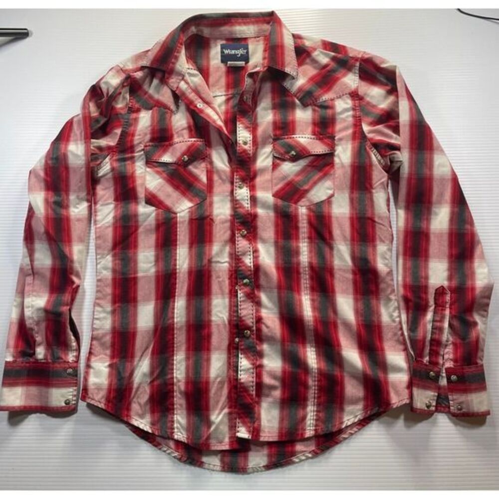 Wrangler Western Red Plaid Pearl Snap‎ Button Down Shirt Long Sleeve Medium M